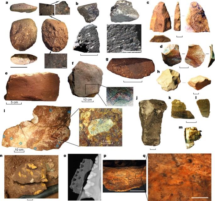 Stone tools and artifacts from archaeological site excavation